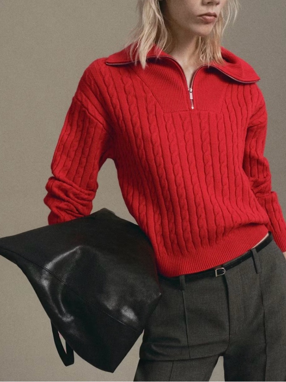 Mango Red Cable Knit Half-Zip Sweater